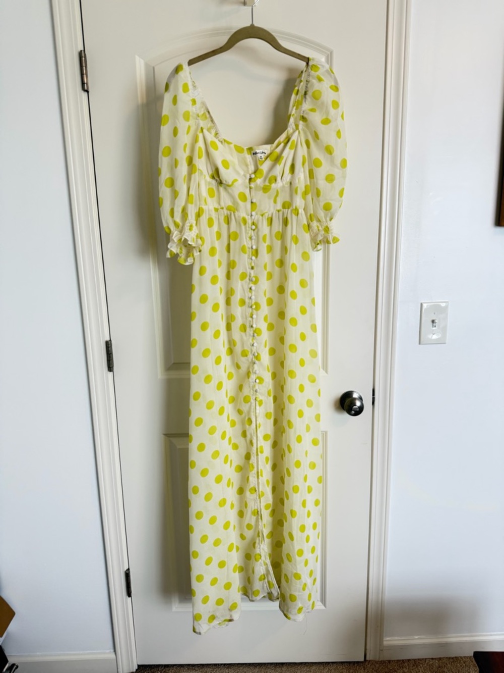For Love & Lemons Chartreuse and Cream Polka Dot Chiffon Dress